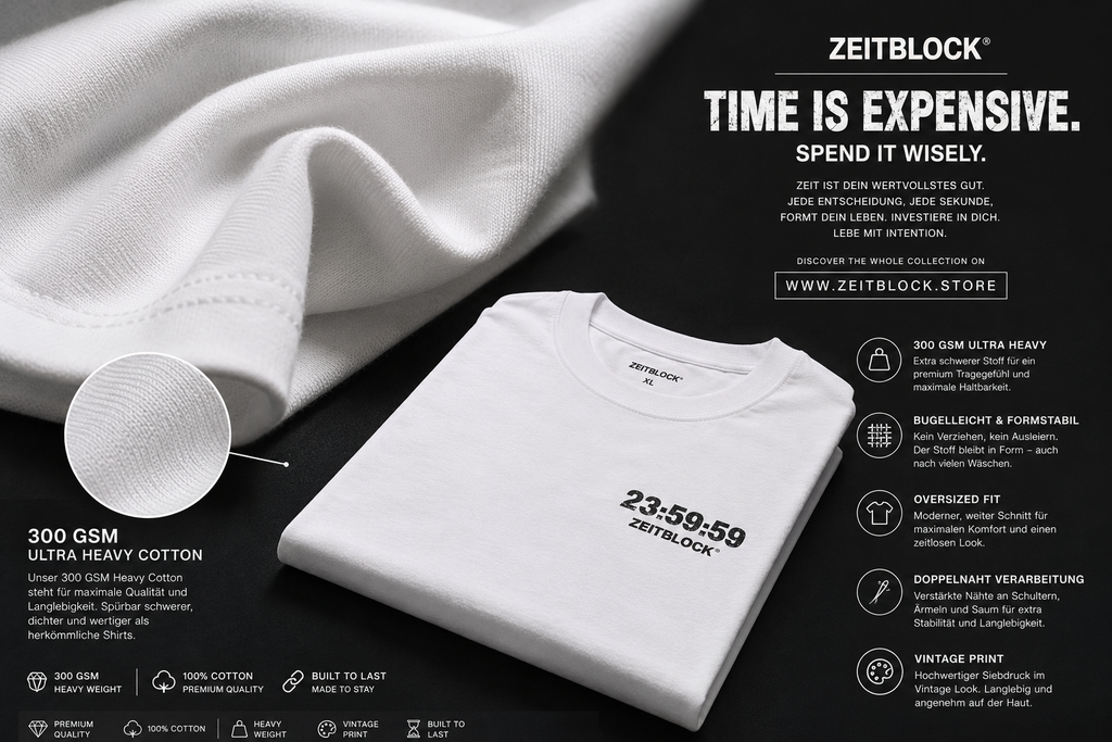 ZEITBLOCK® TIME IS EXPENSIVE – Premium Heavy Oversized T-Shirt | 300 GSM Heavyweight Cotton