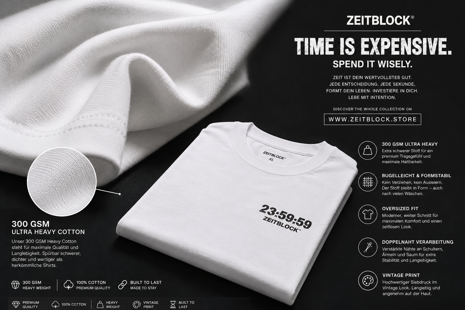 ZEITBLOCK® TIME IS EXPENSIVE – Premium Heavy Oversized T-Shirt | 300 GSM Heavyweight Cotton