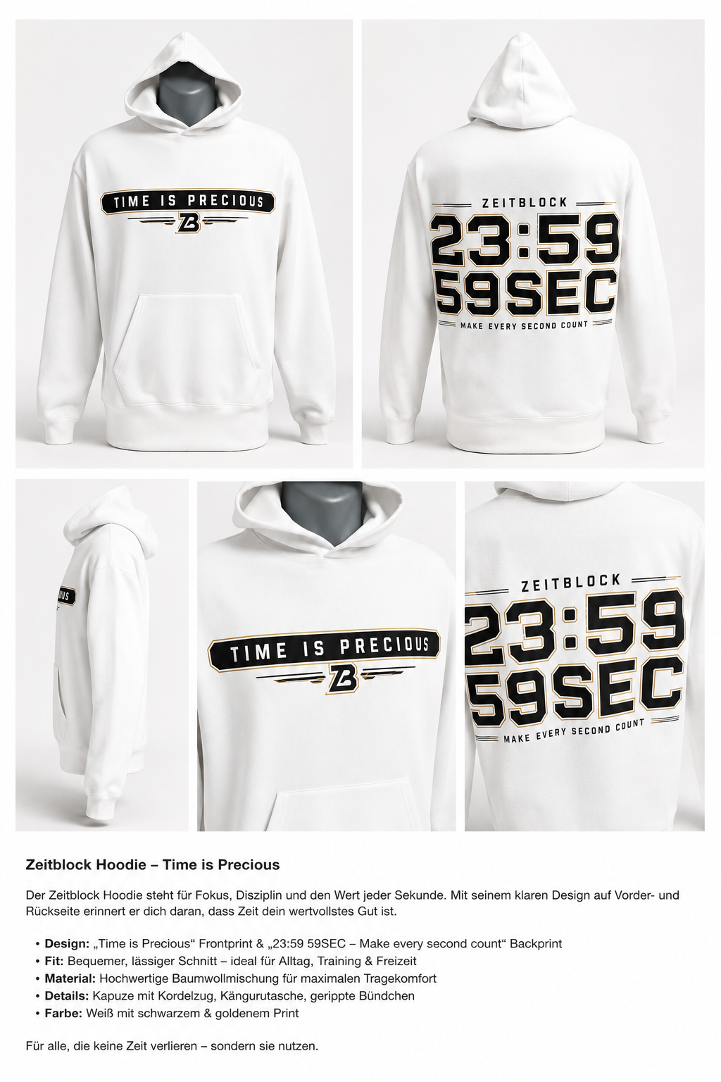 Zeitblock Hoodie „Time is Precious“ Heavy Cotton 500g