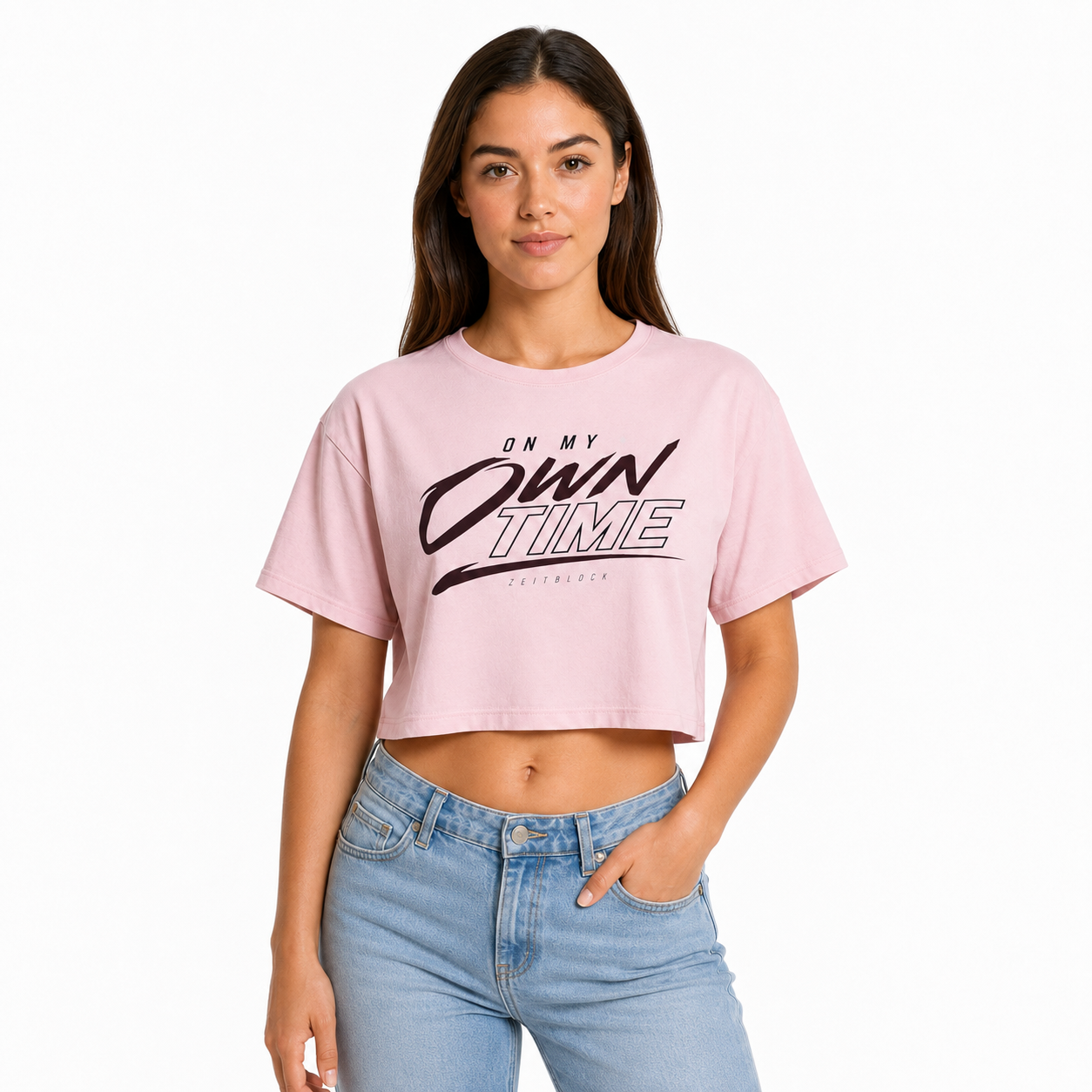 ZEITBLOCK ON MY OWN TIME – Damen Crop T‑Shirt in Rosa
