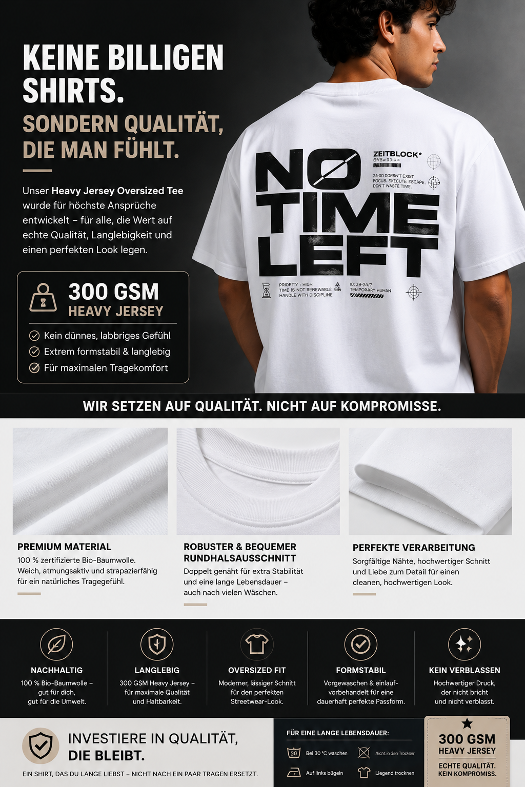 ZEITBLOCK® “NO TIME LEFT” Heavy Oversized Tee – 300 GSM Premium Shirt